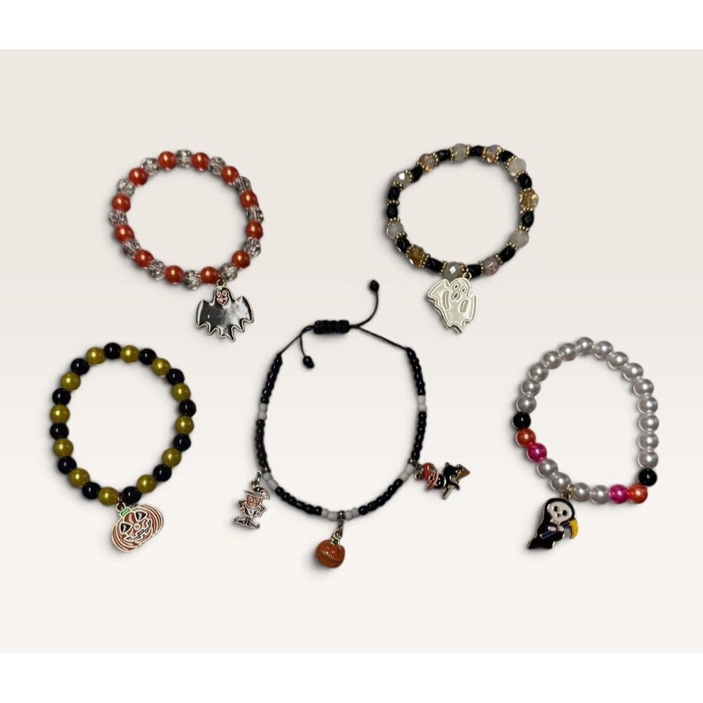Halloween Charm Stack Bracelet Lot 5pc Ghost Bat Pumpkin Reaper Witch Cat
